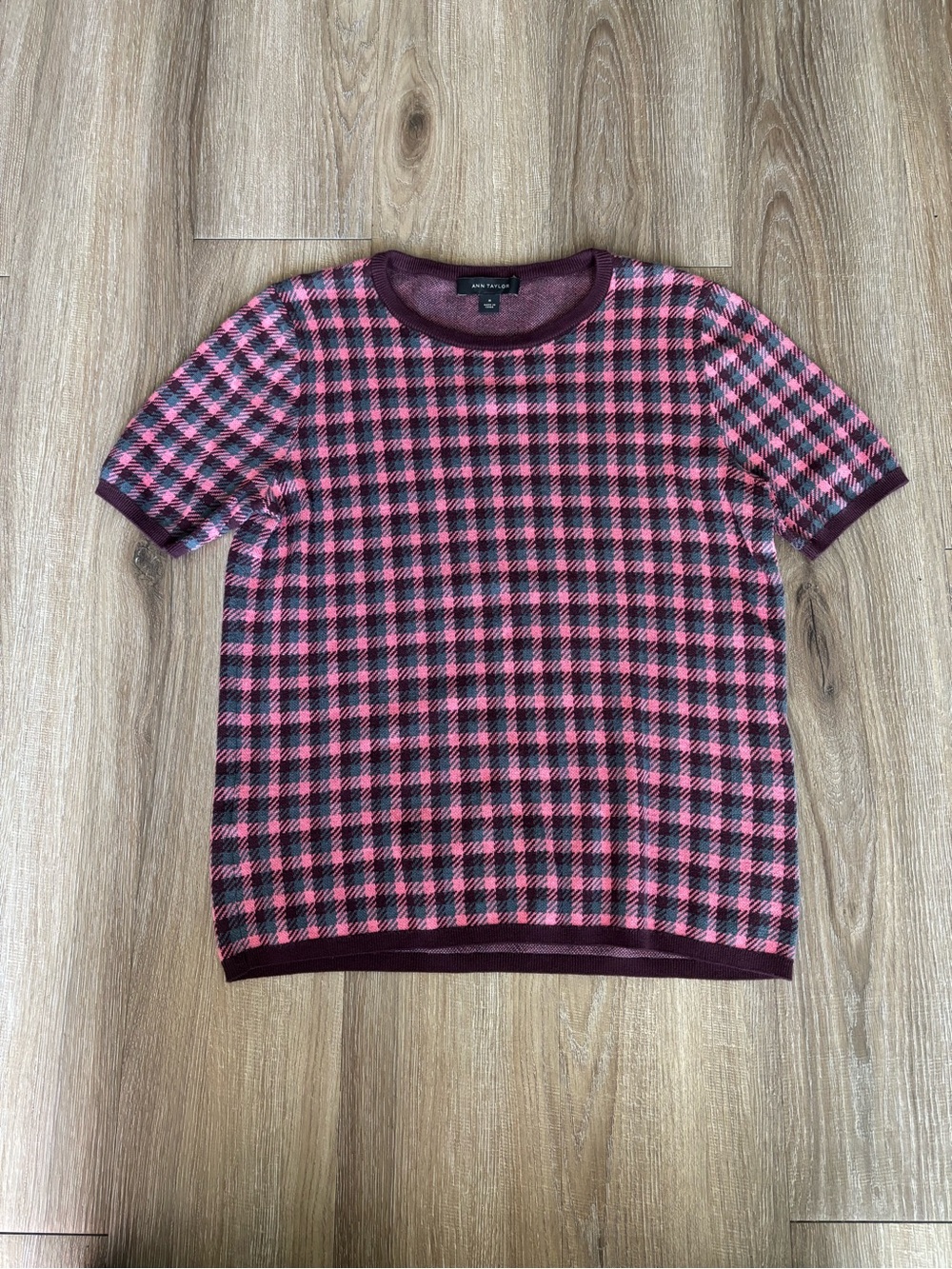 Ann Taylor Pink and Black Plaid Short Sleeve Crew Sweater
